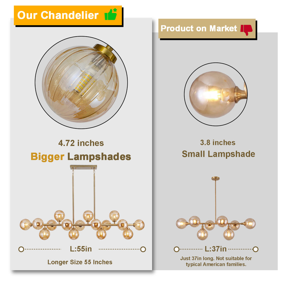 Size comparison 55in long vs 37in small amber glass globe linear chandelier big lampshade advantage