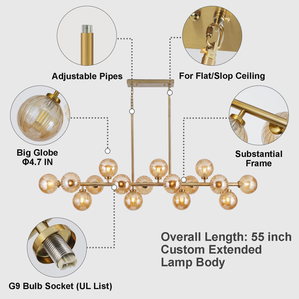 Structural feature diagram adjustable rod sloped ceiling compatible big amber glass linear chandelier G9 UL socket