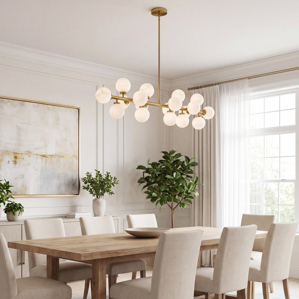 Gold alabaster globe linear chandelier American minimalist wooden dining room display