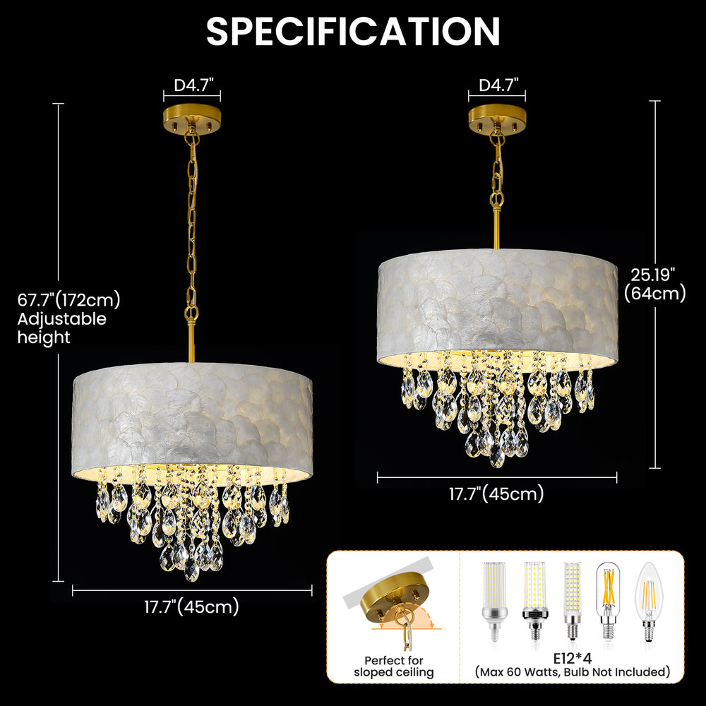 Drum Crystal Chandelier with Capiz Shell Shade Specs (Black Background)