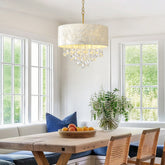 Drum Crystal Capiz Chandelier in White Dining Room