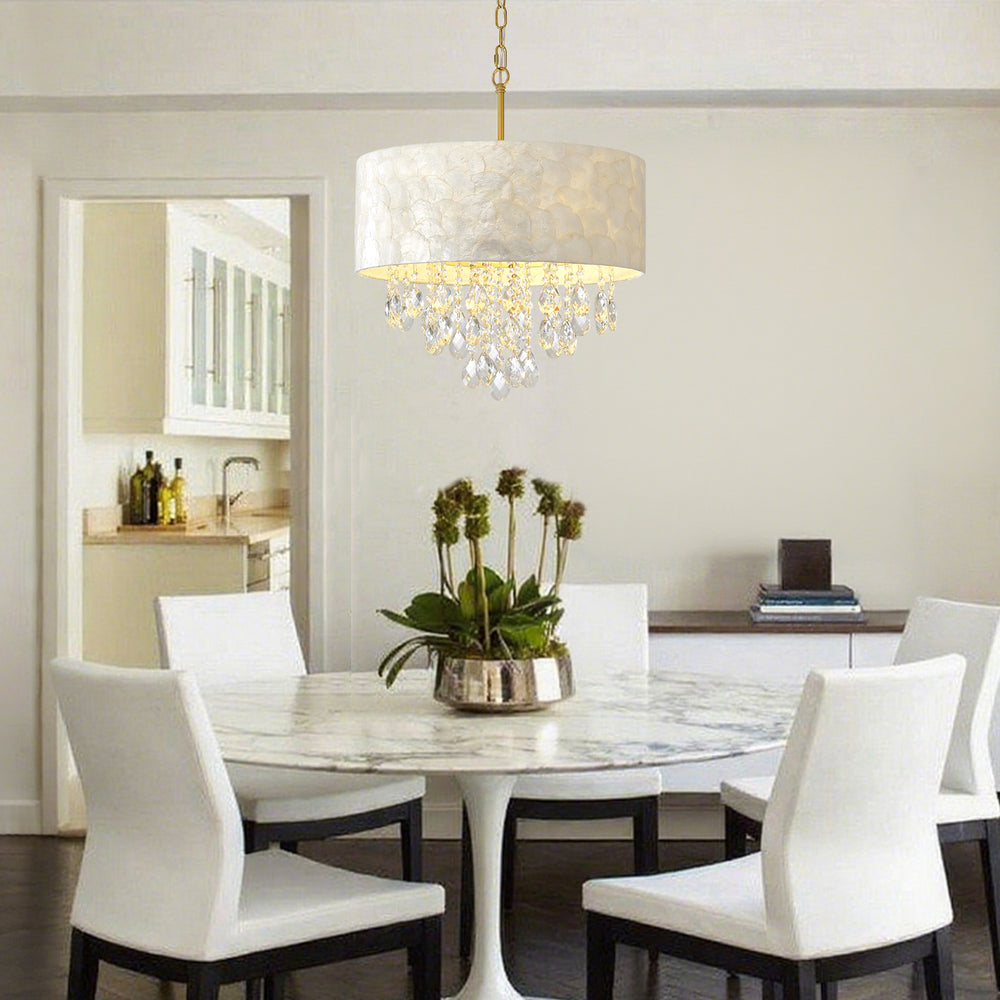 Drum Crystal Capiz Chandelier in White Dining Room
