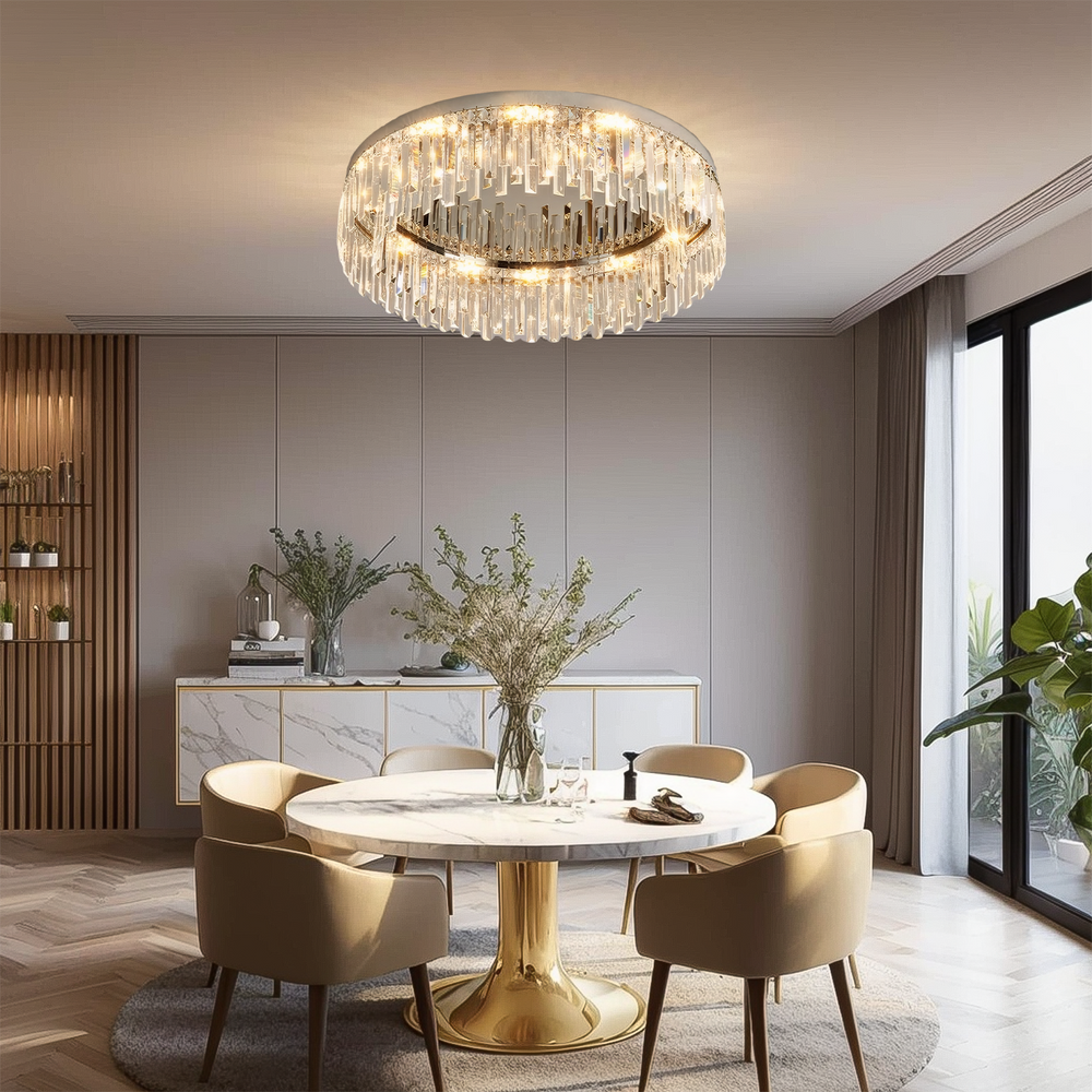 Chrome Round Crystal Chandelier in Dining Room