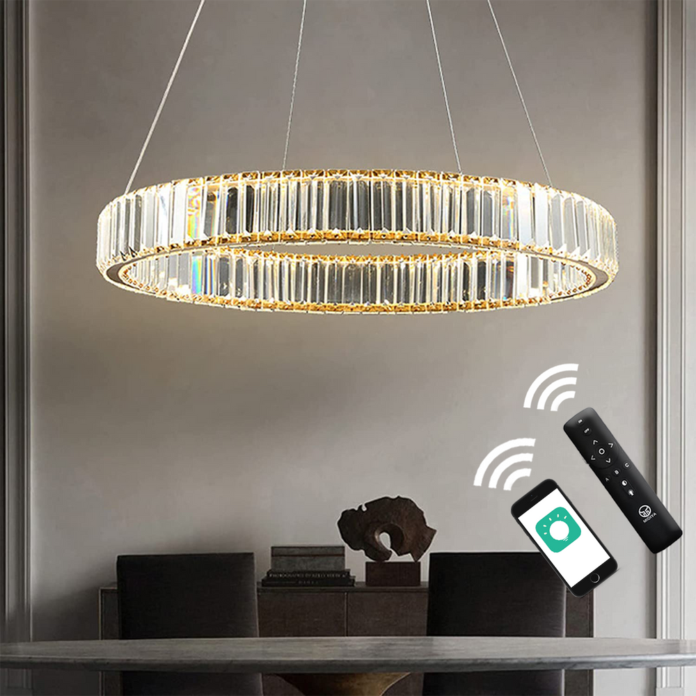 Dimmable LED Gold Crystal Ring Chandelier with Remote/App Control