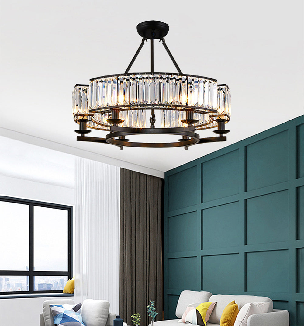Modern black crystal chandelier in living room