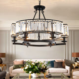 Black crystal chandelier in living room close-up
