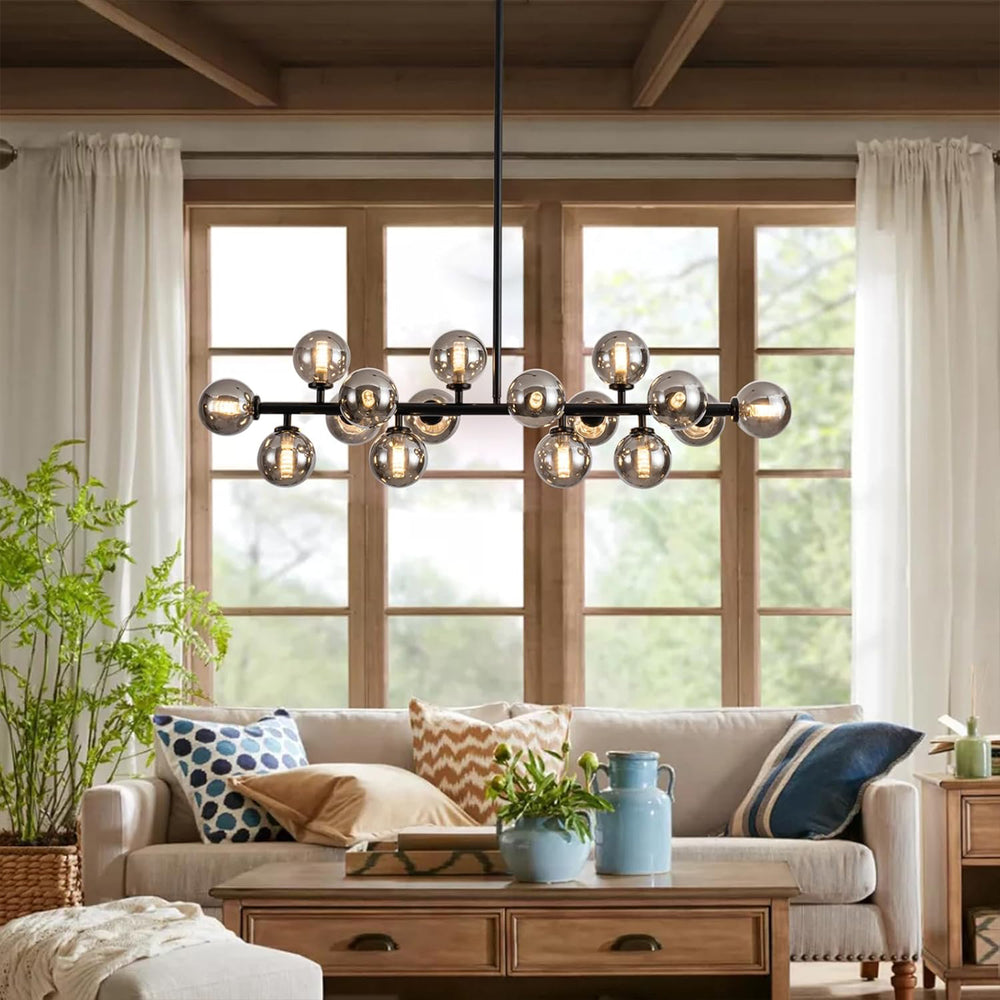 Mid Century Modern 16-Light Black Chandelier with Smoke Gray Globes