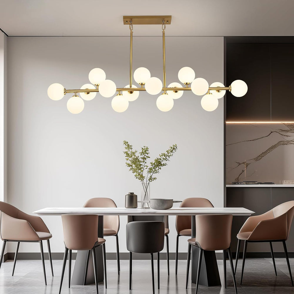 Mid Century Modern 16-Light Gold Linear Chandelier for Dining Room