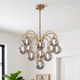 Curved gold frame multi smoke glass globe mid century modern bubble chandelier front view