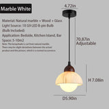 Natural marble wood pendant light with detailed dimensions and specifications