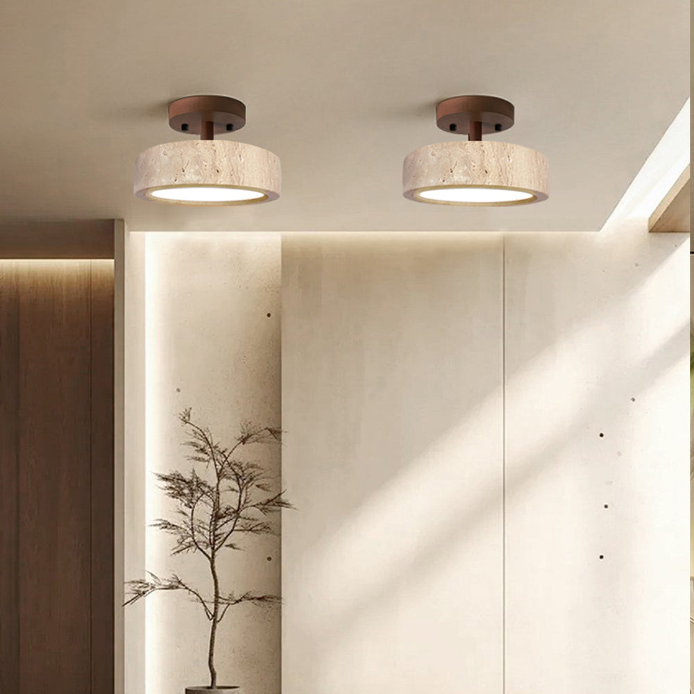 2 walnut wood travertine ceiling lights in hallway
