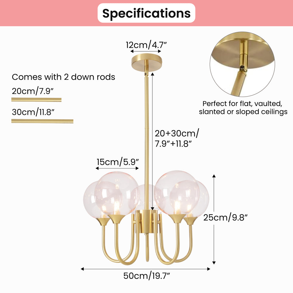 5 Head Pink Bubble Chandelier Size Specs