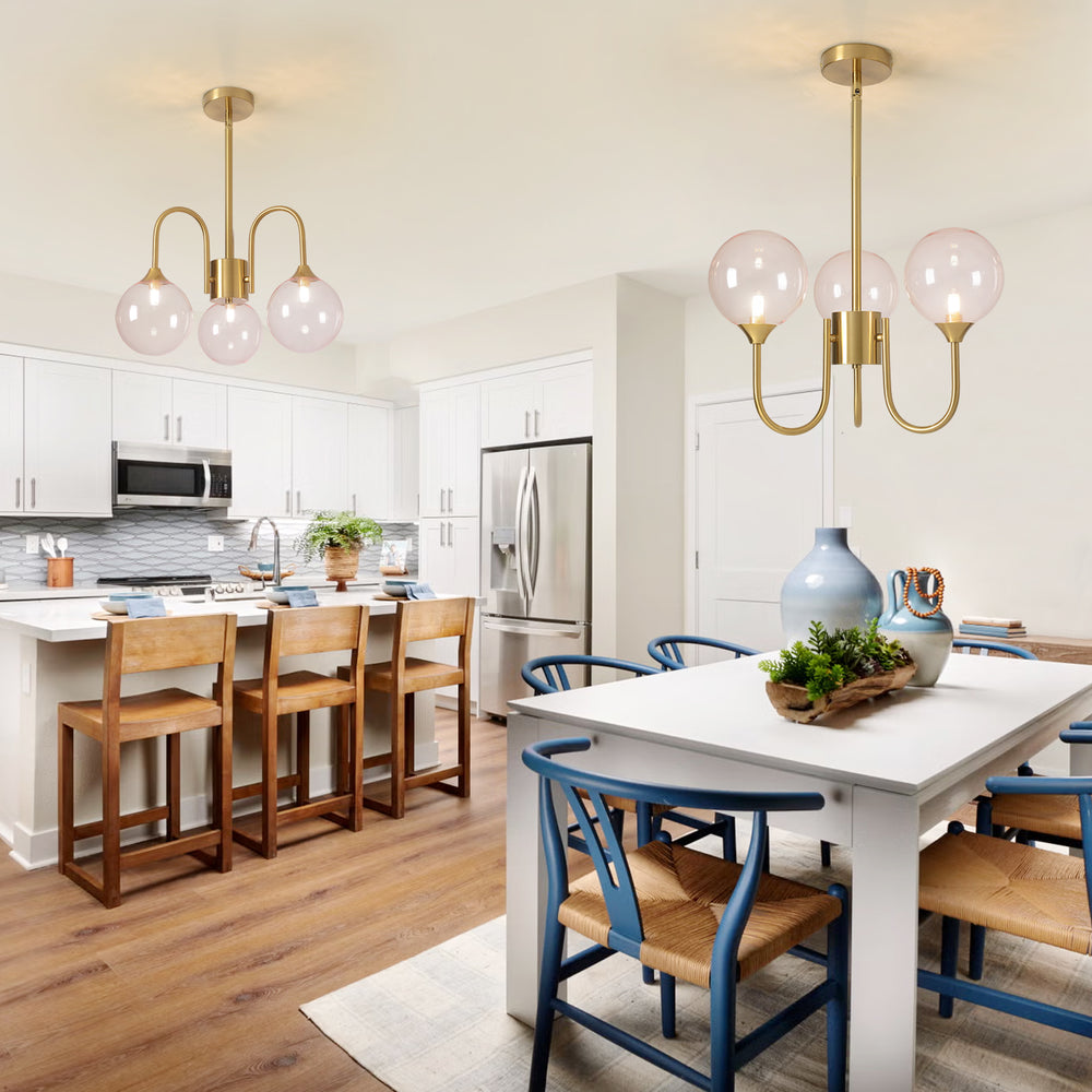 3 Head Pink Bubble Gold Chandelier for Kitchen & Dining Room