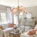 Floral brass chandelier in living room