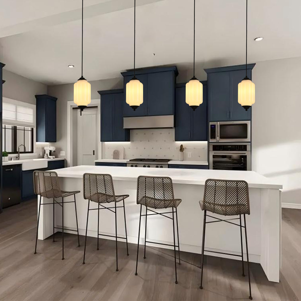 4-pack vintage white pendant lights in a blue cabinet kitchen