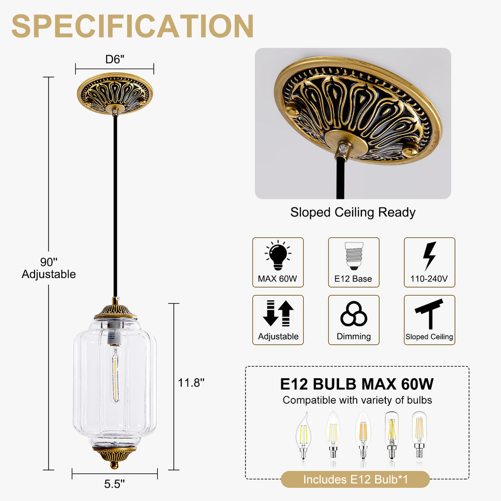 Specification dimension chart max 90 inch total adjustable height clear glass pendant light E12 socket bulb not included