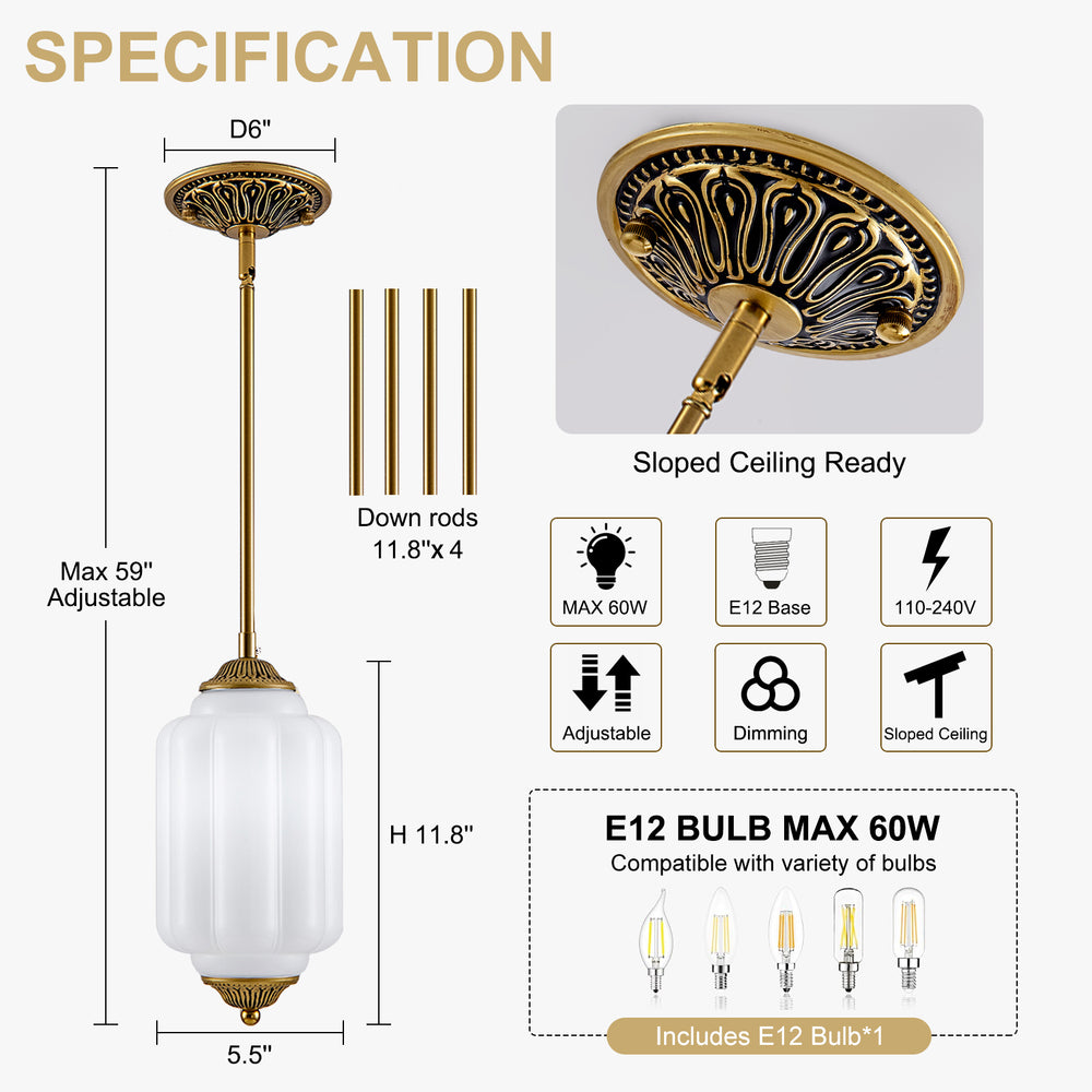 Specification dimension chart antique bronze ribbed glass pendant light E12 bulb included