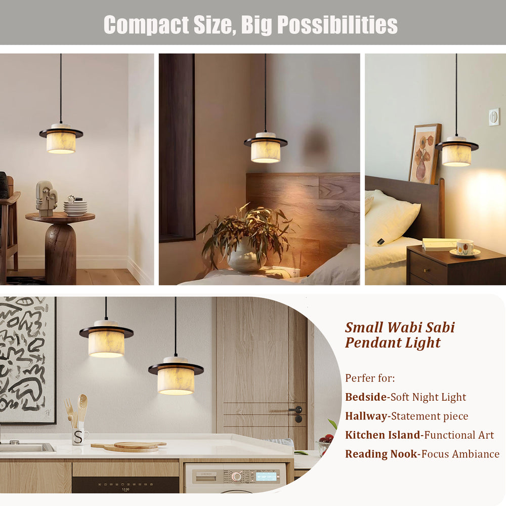 Small Wabi Sabi pendant light in bedroom, hallway, kitchen island and reading nook, compact size with warm ambient glow
