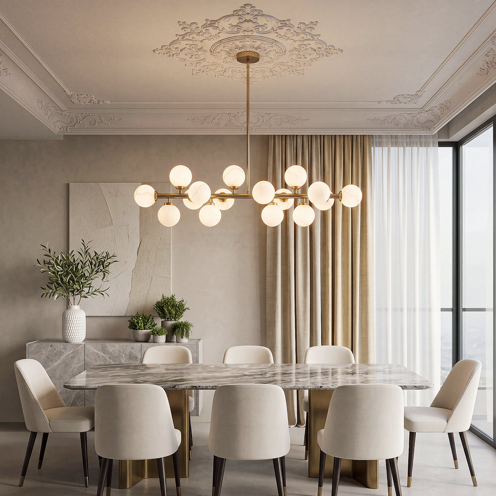 Mid century gold linear alabaster globe chandelier modern dining room overall rende