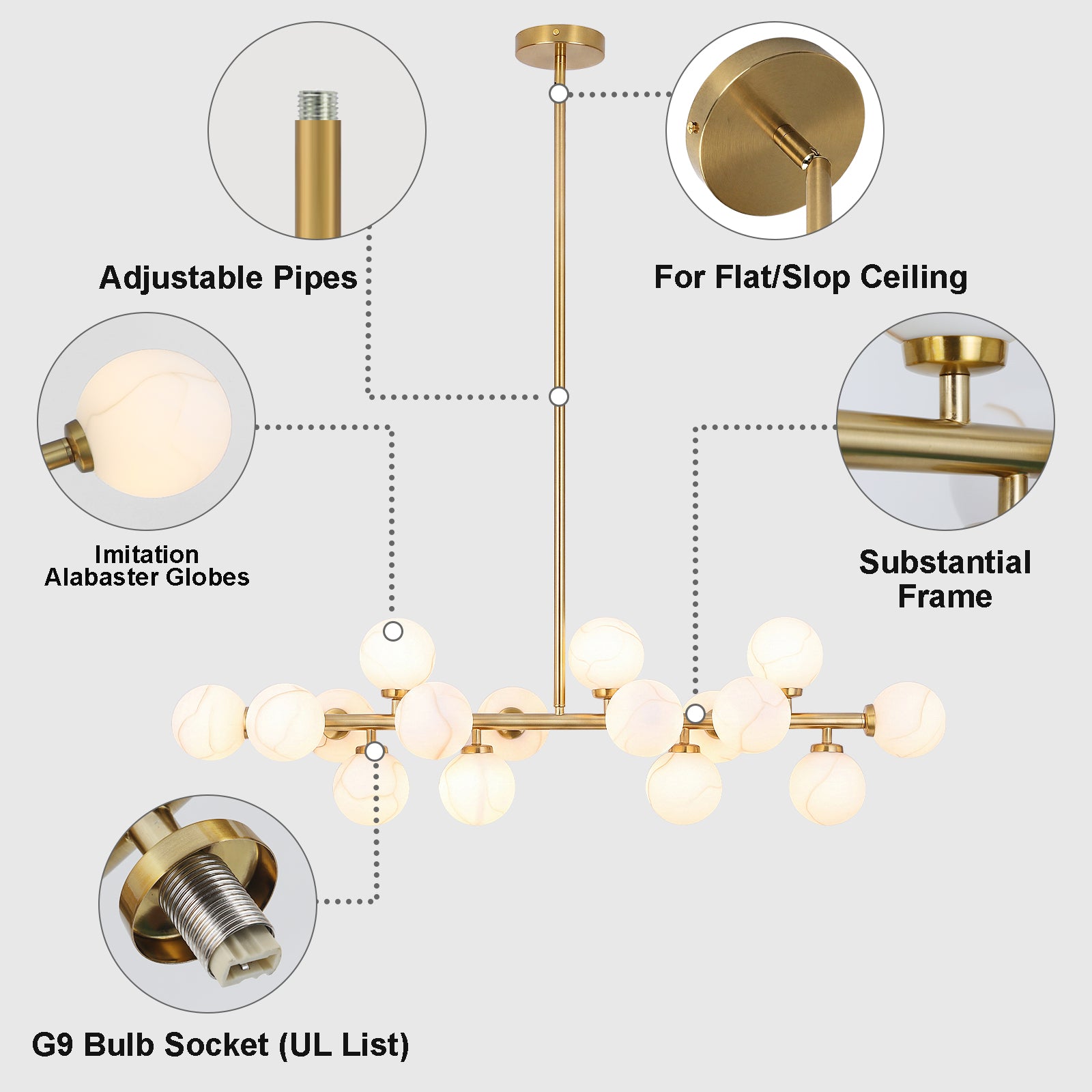 Structure diagram adjustable rod sloped ceiling G9 socket alabaster pendant light details