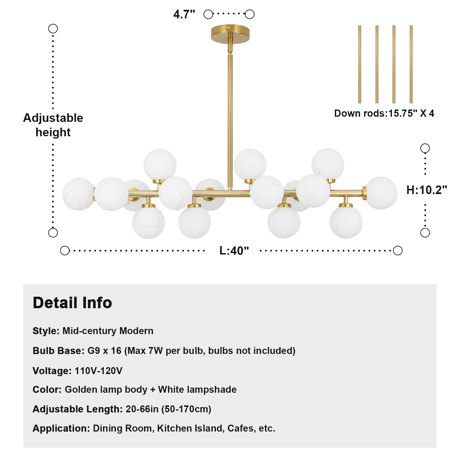 Dimension specification drawing 40 inch length 20-66in adjustable height 16-light alabaster chandelier