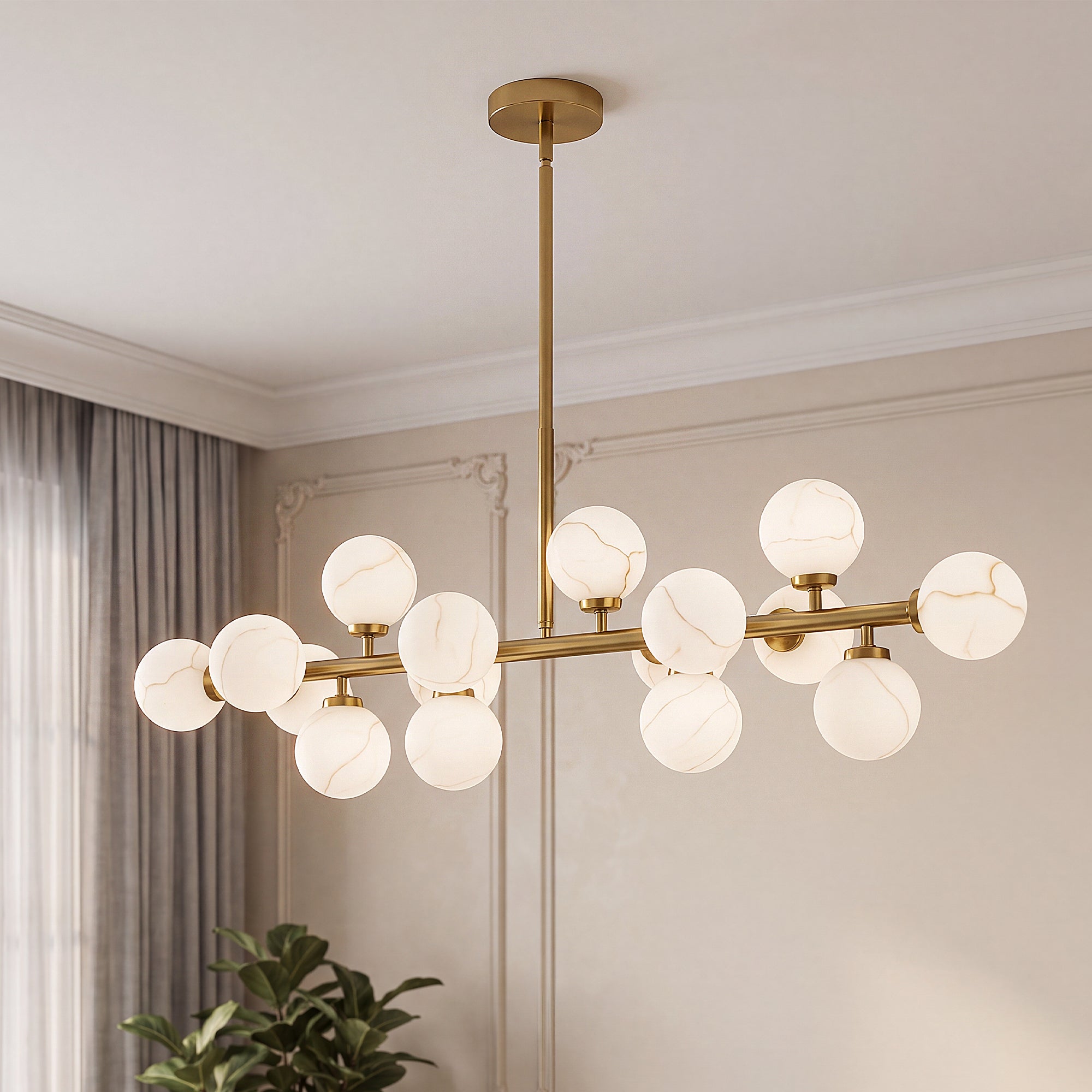 Front view modern gold alabaster globe linear pendant light indoor wall installation shot