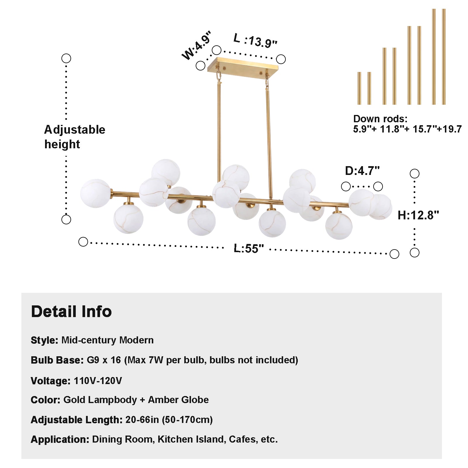 55 inch mid century linear chandelier brushed gold white marble vein frosted glass globe dimension chart