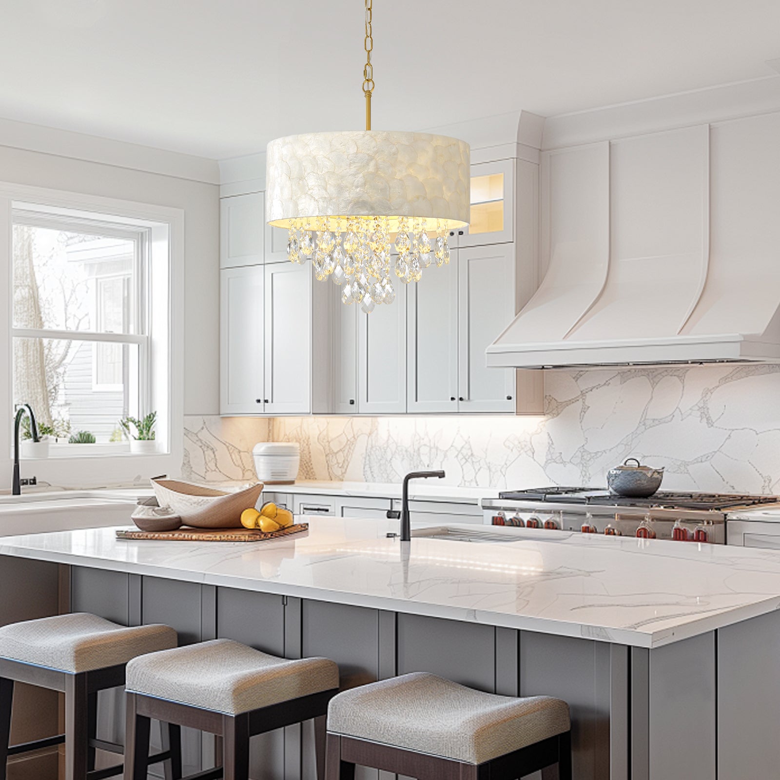 Drum Crystal Capiz Chandelier in Kitchen Island