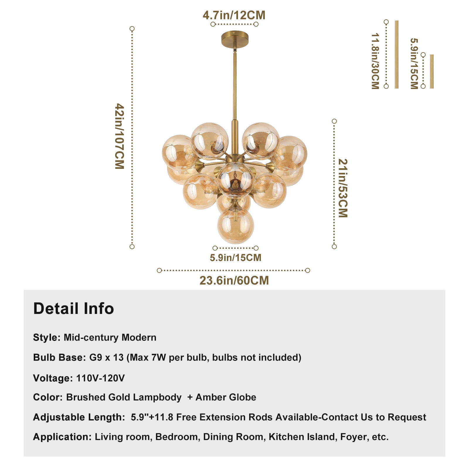 Mid-century gold chandelier size & specs
