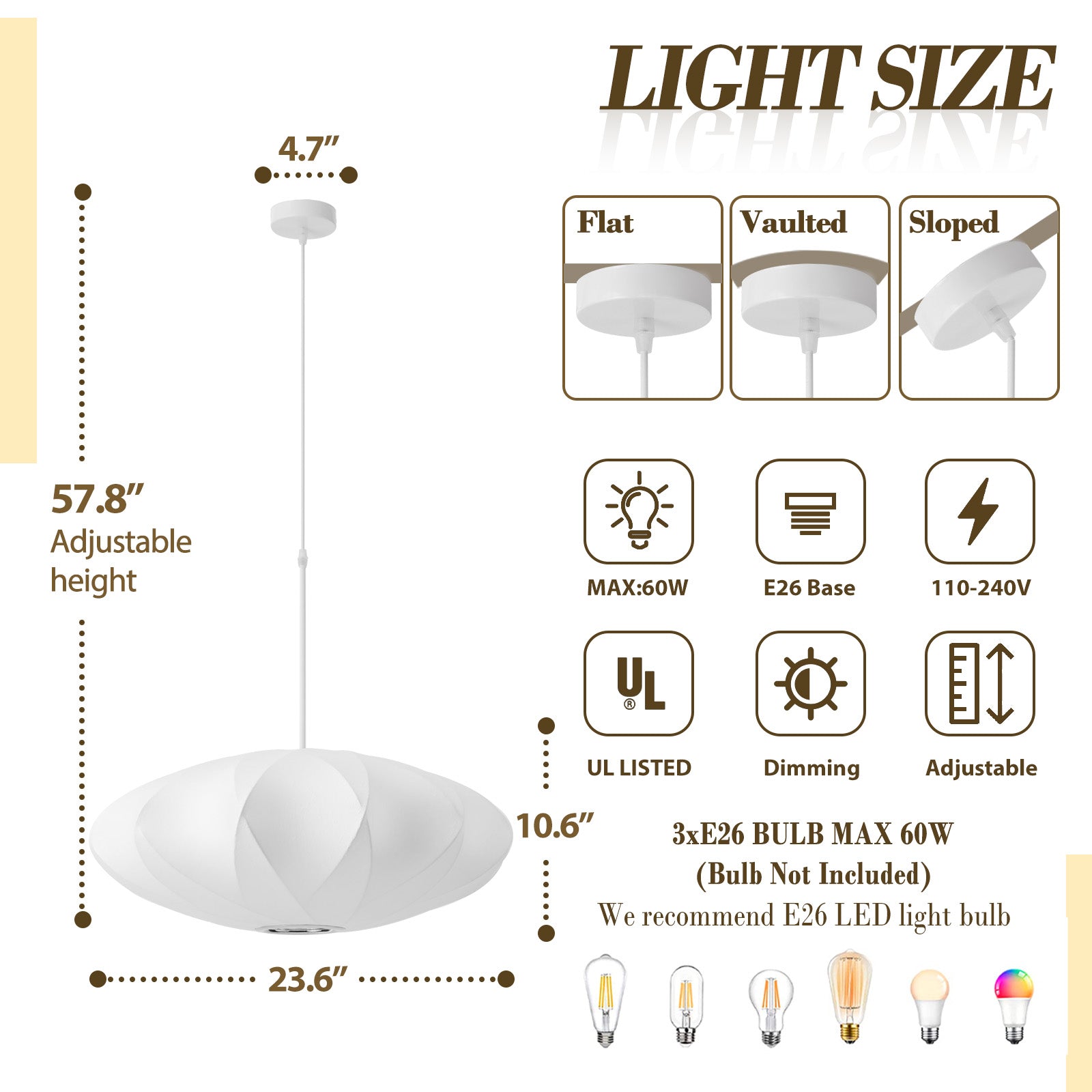Imitation silk pendant light size & specs