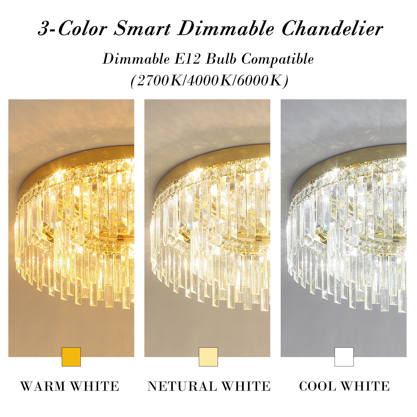 3-Color Dimmable Gold Crystal Flush Mount Chandelier