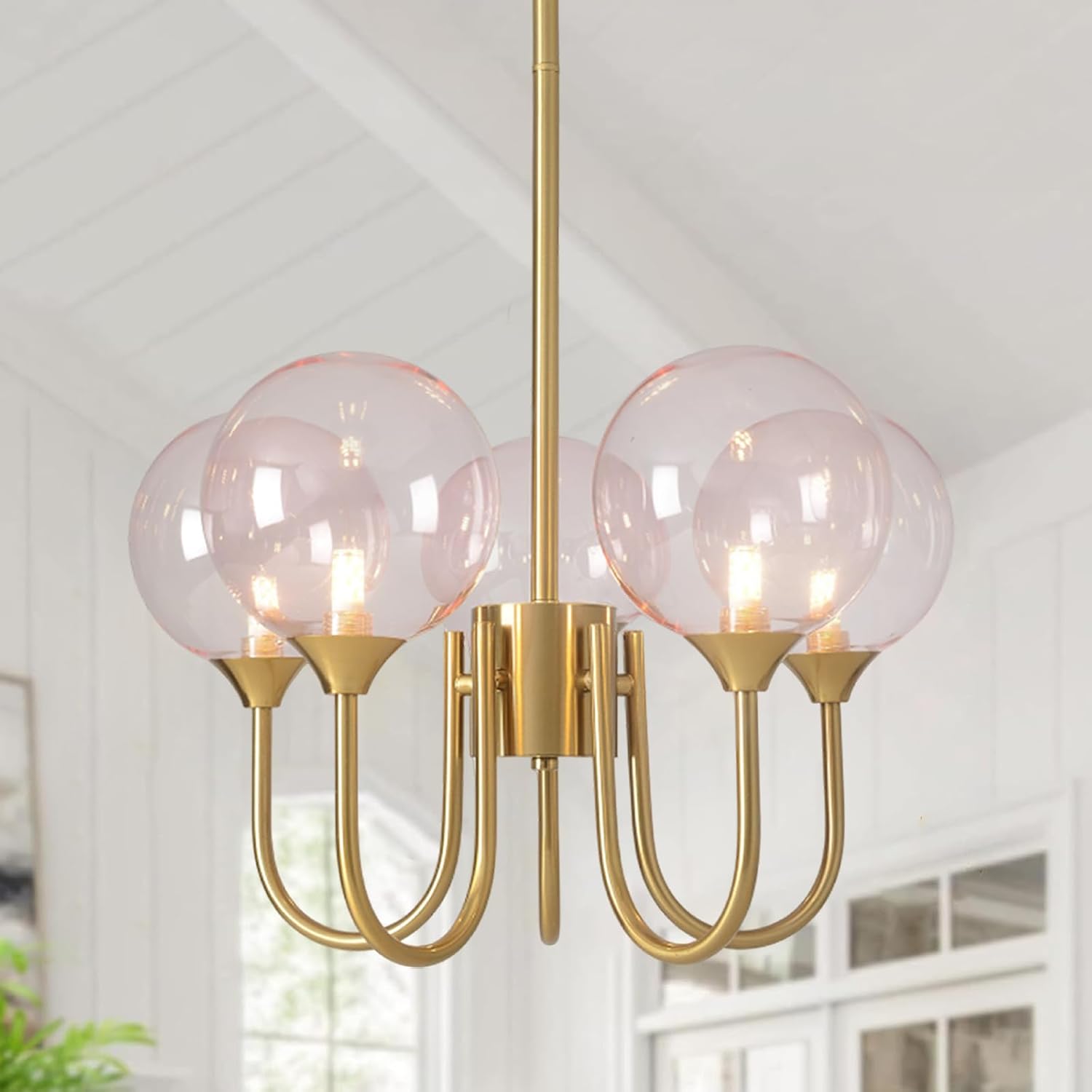 Pink Bubble Gold Chandelier, Modern Glass Sputnik Ceiling Light