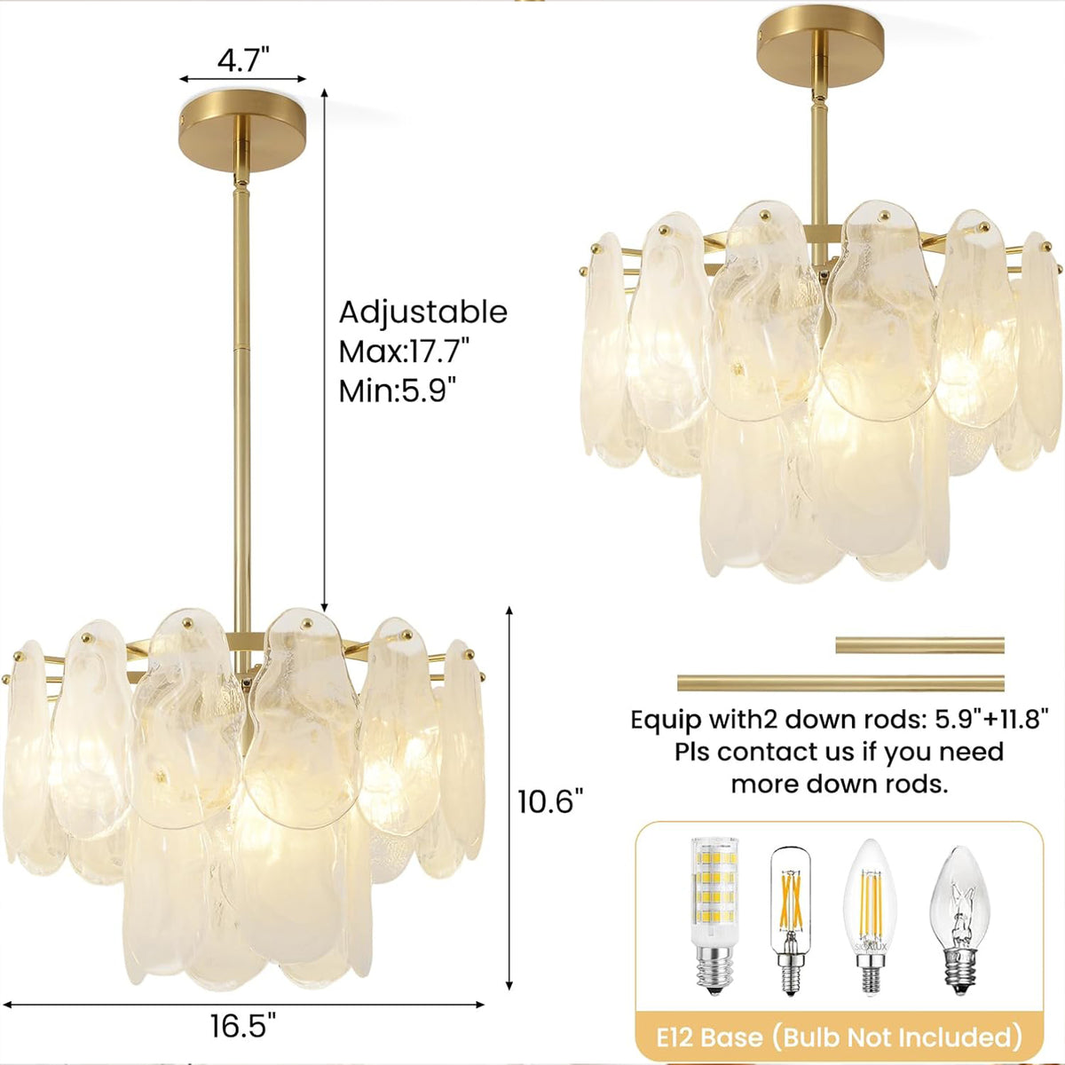 16.5" Small Cloud Glass Chandelier Specs, 5.9"+11.8" Rods