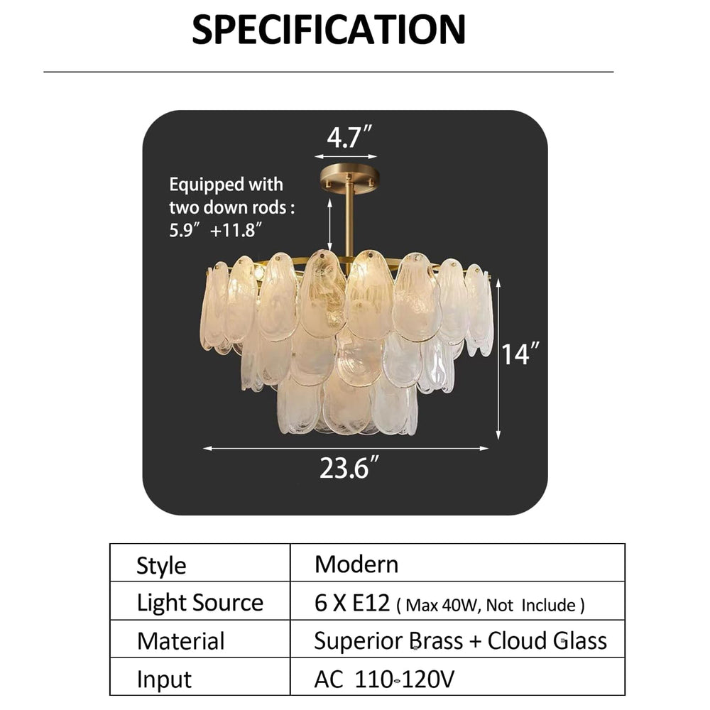 23.6" Medium Cloud Glass Chandelier Specs, 5.9"+11.8" Rods