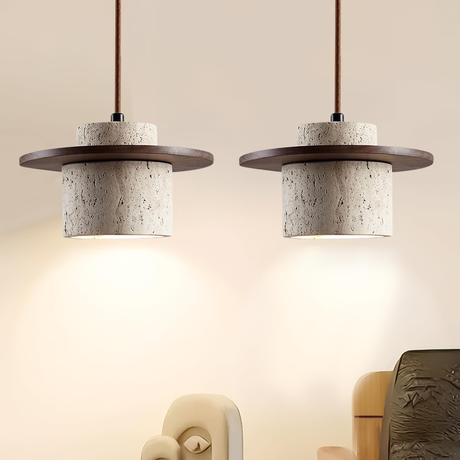2-Light Minimalist Travertine Pendant Light for Living Space