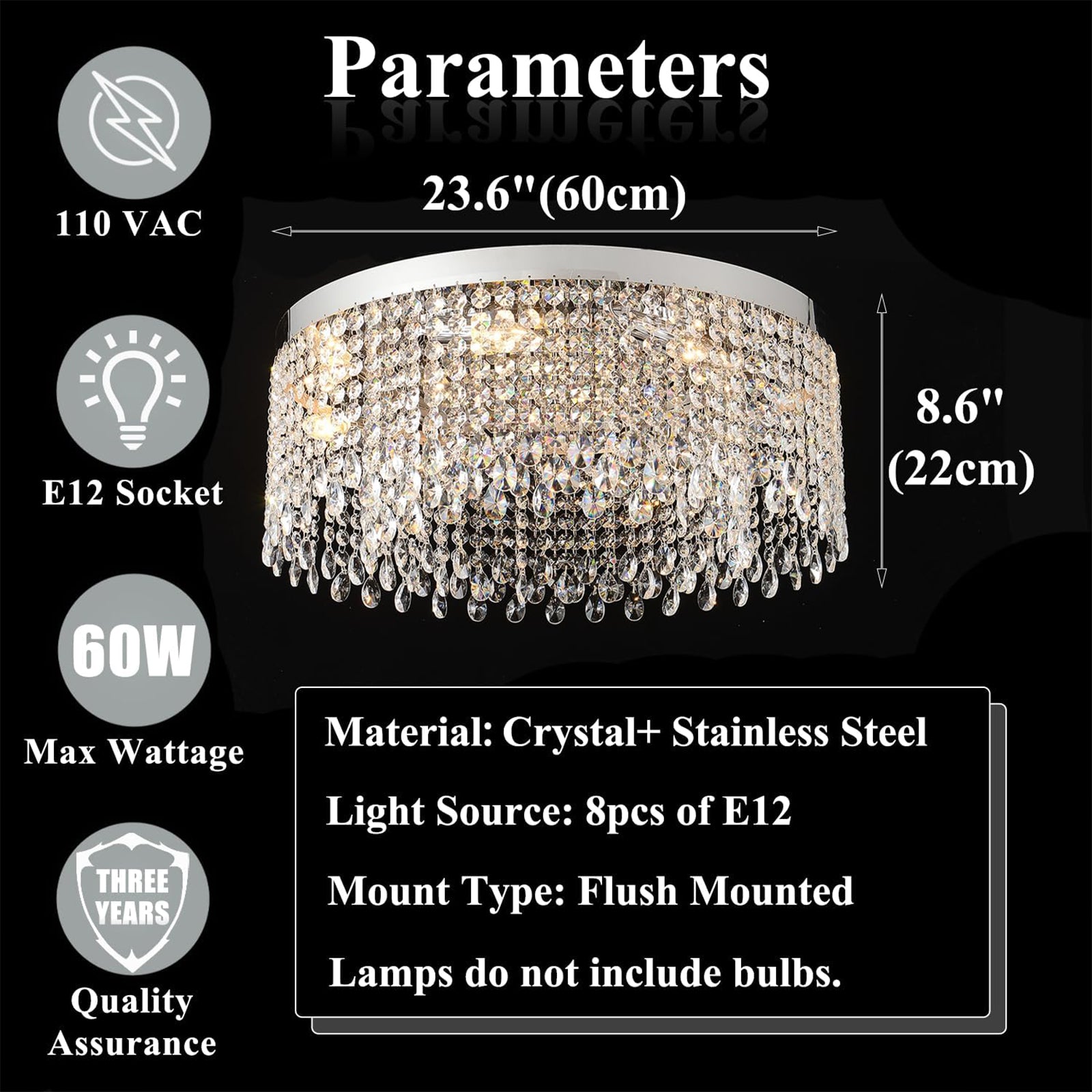 60cm Silver Crystal Flush Mount Light
