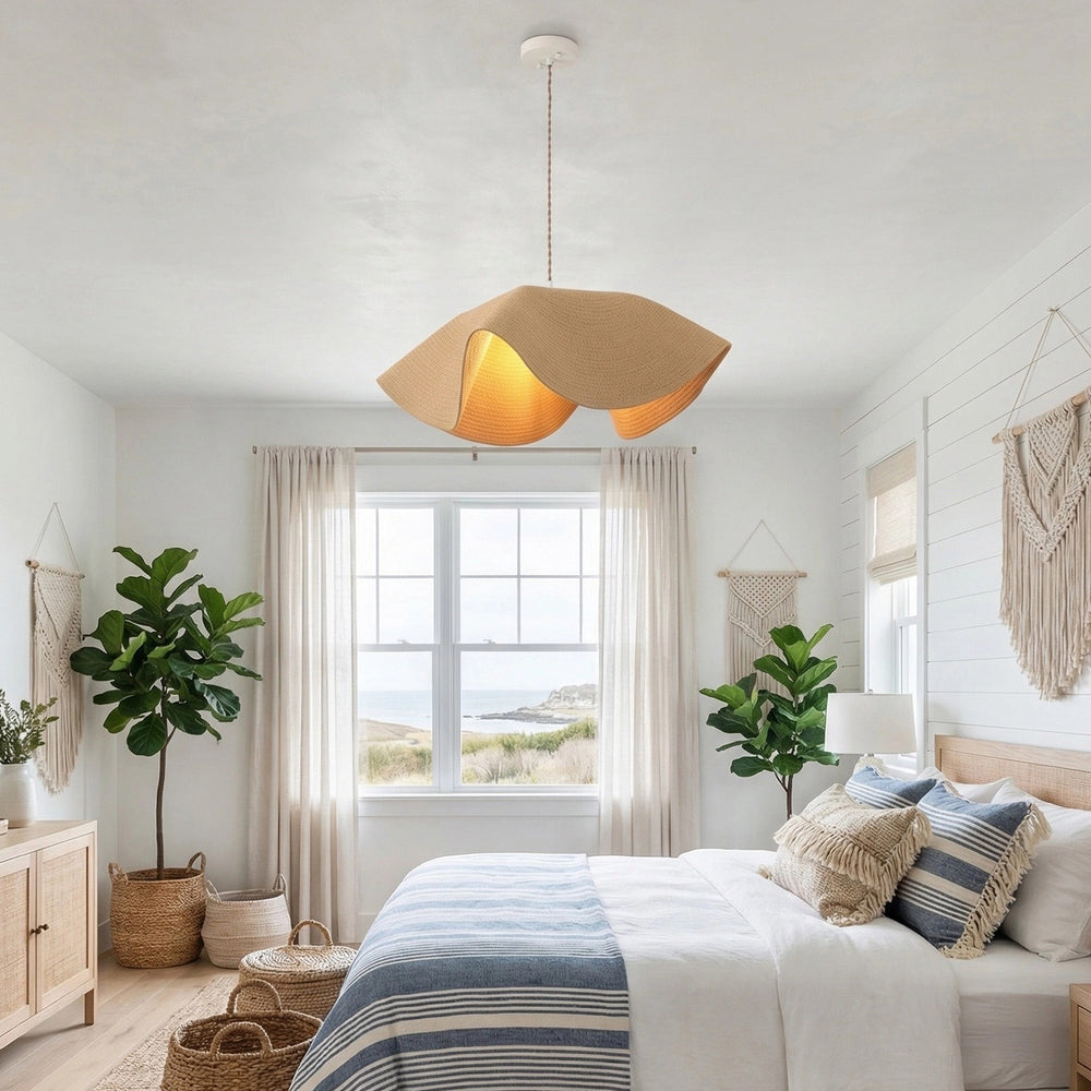 Wavy woven pendant light in coastal bedroom