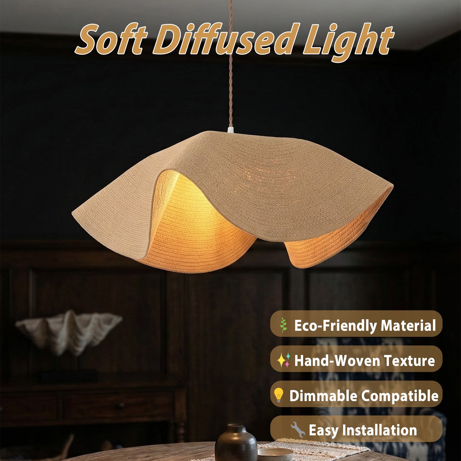 Soft light handwoven pendant lamp with eco features