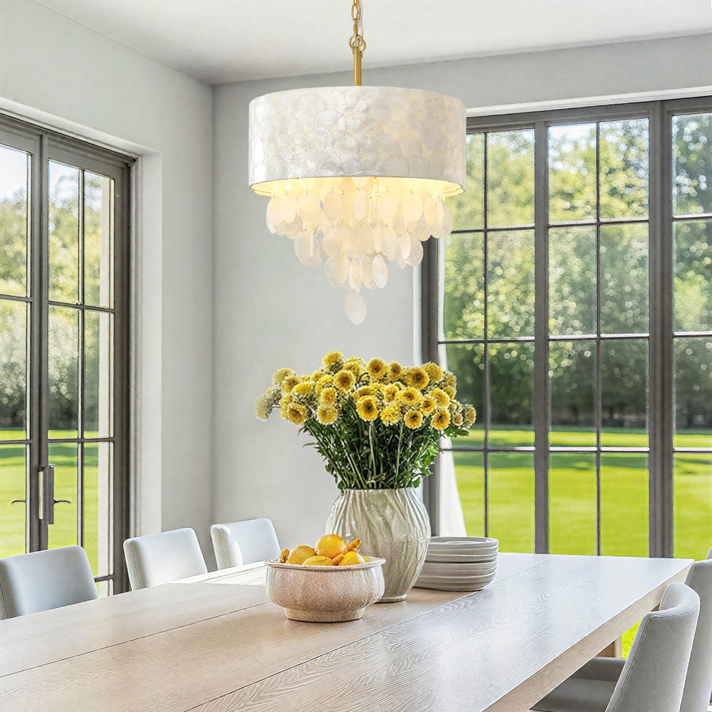 Coastal Capiz Shell Chandelier in Dining Room