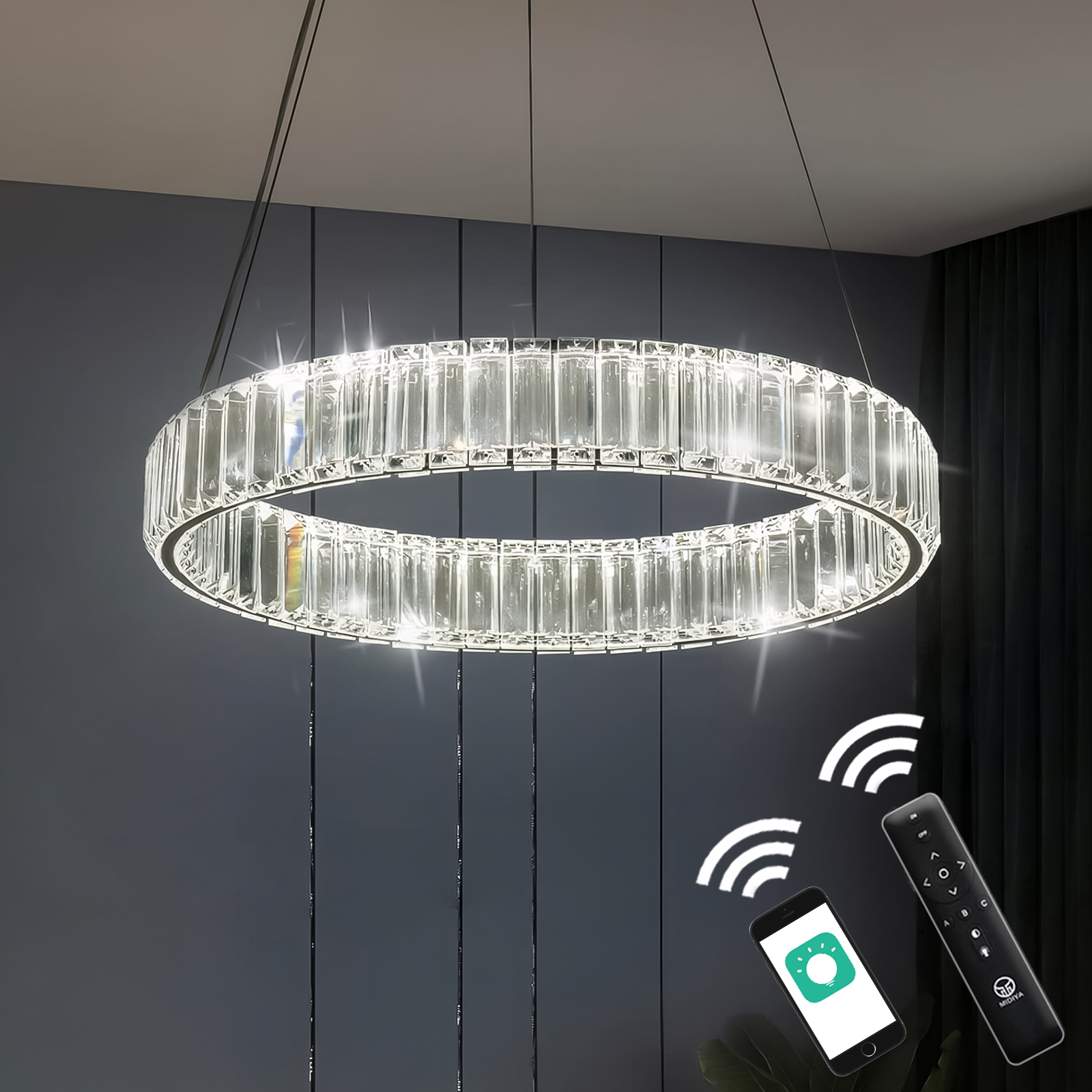 Dimmable LED Chrome Crystal Ring Chandelier with Remote/App Control