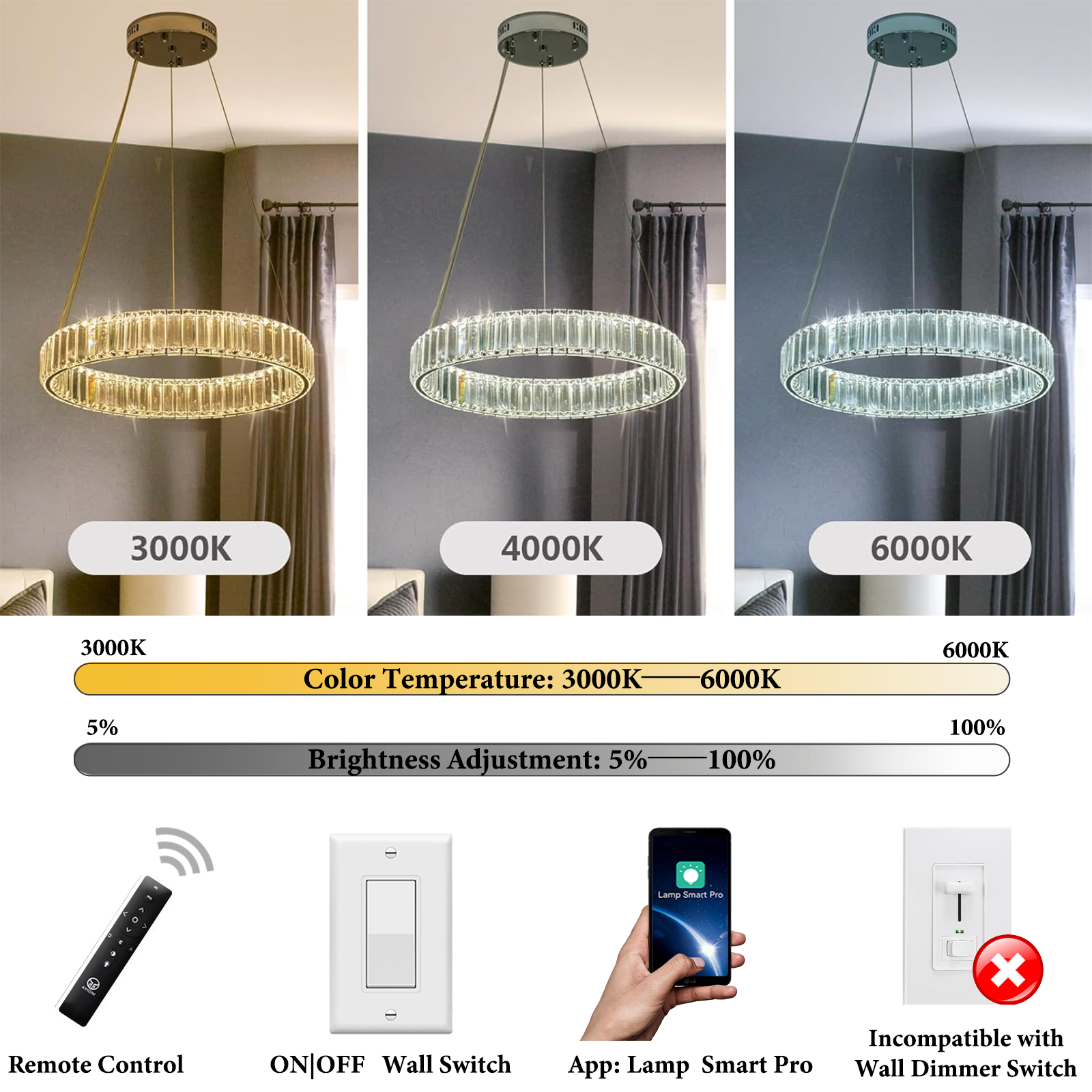 3-Color Dimmable LED Crystal Ring Chandelier 
