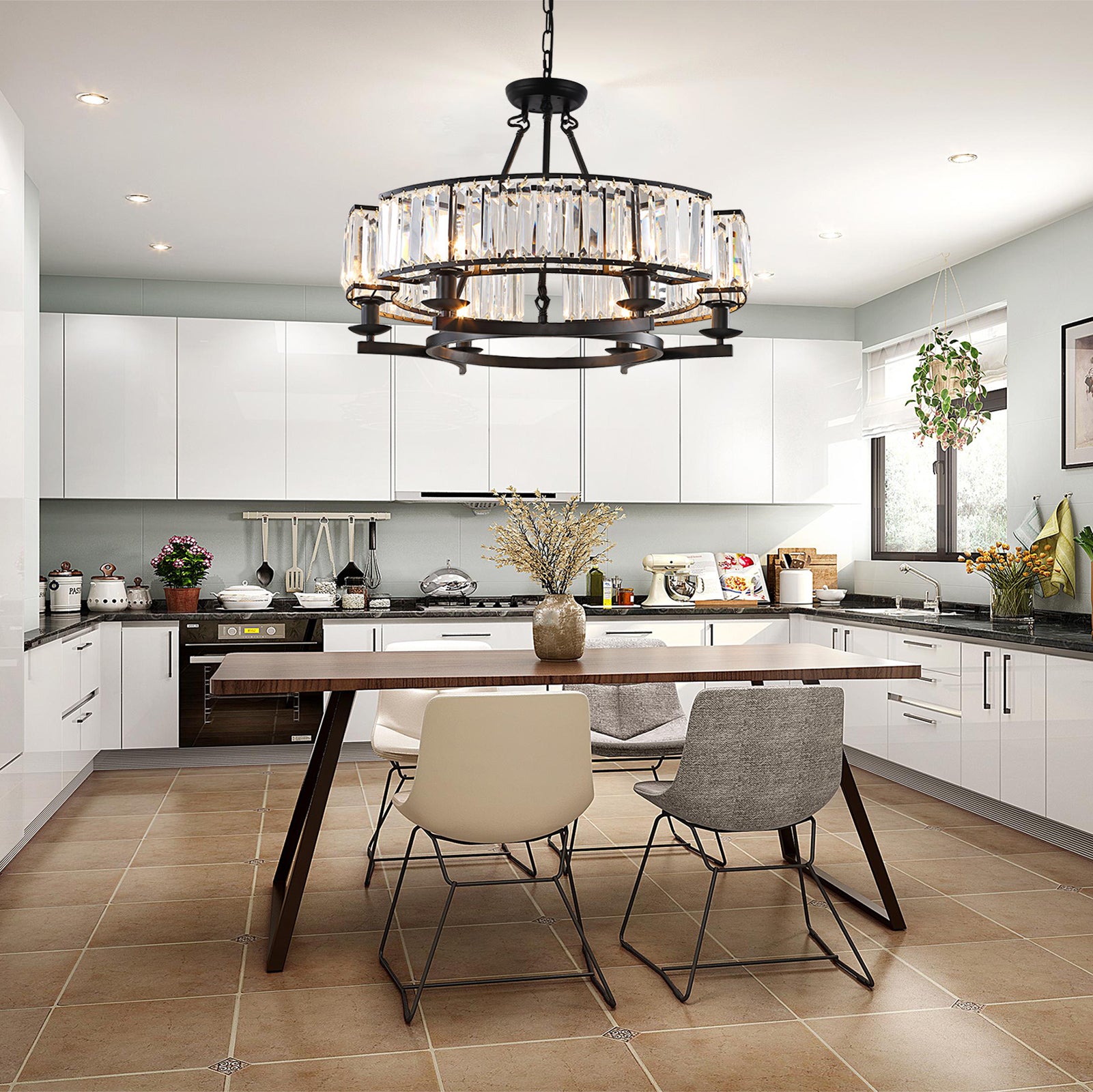 Black farmhouse crystal chandelier in kitchen