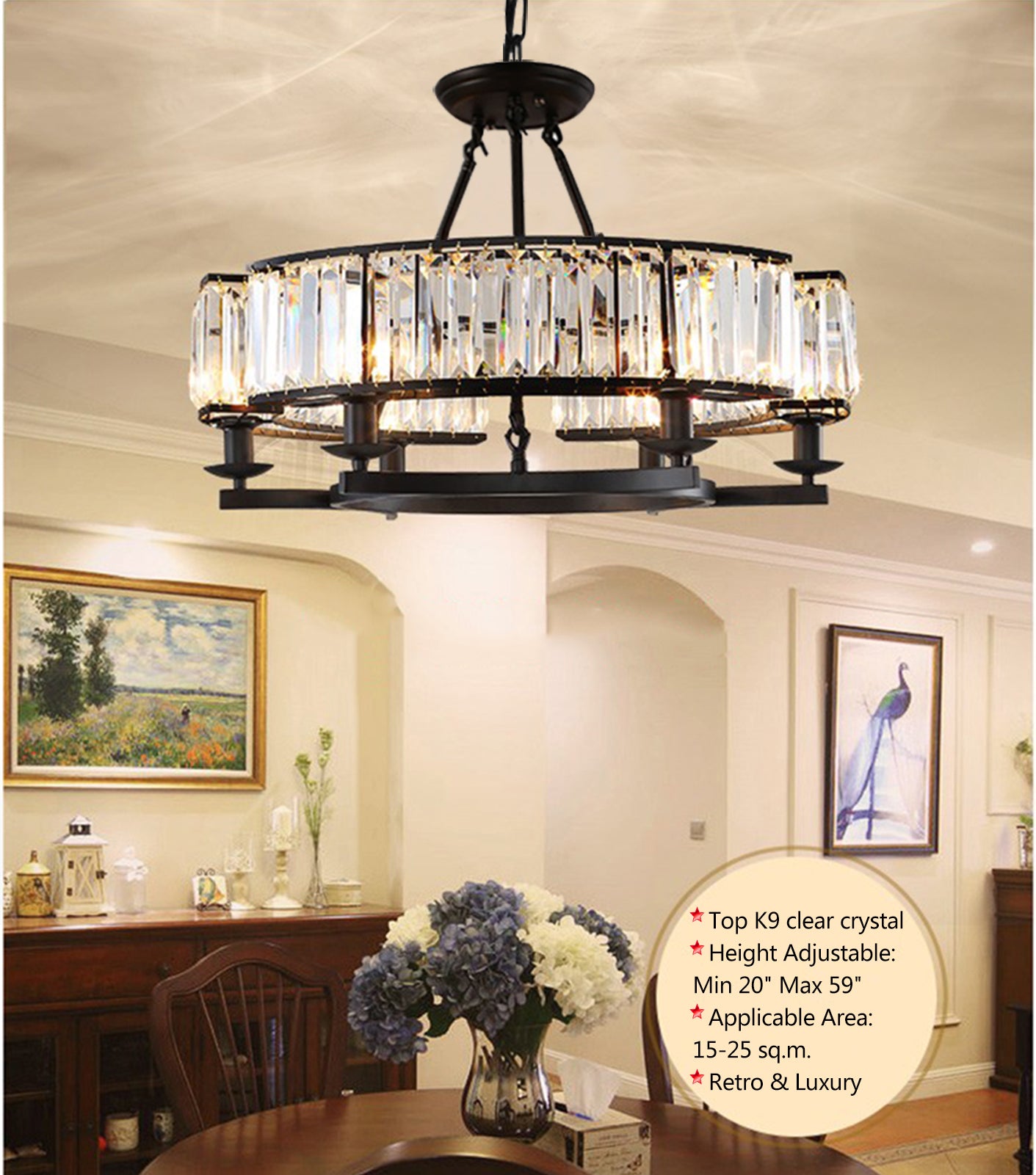 Luxury black crystal chandelier in dining room