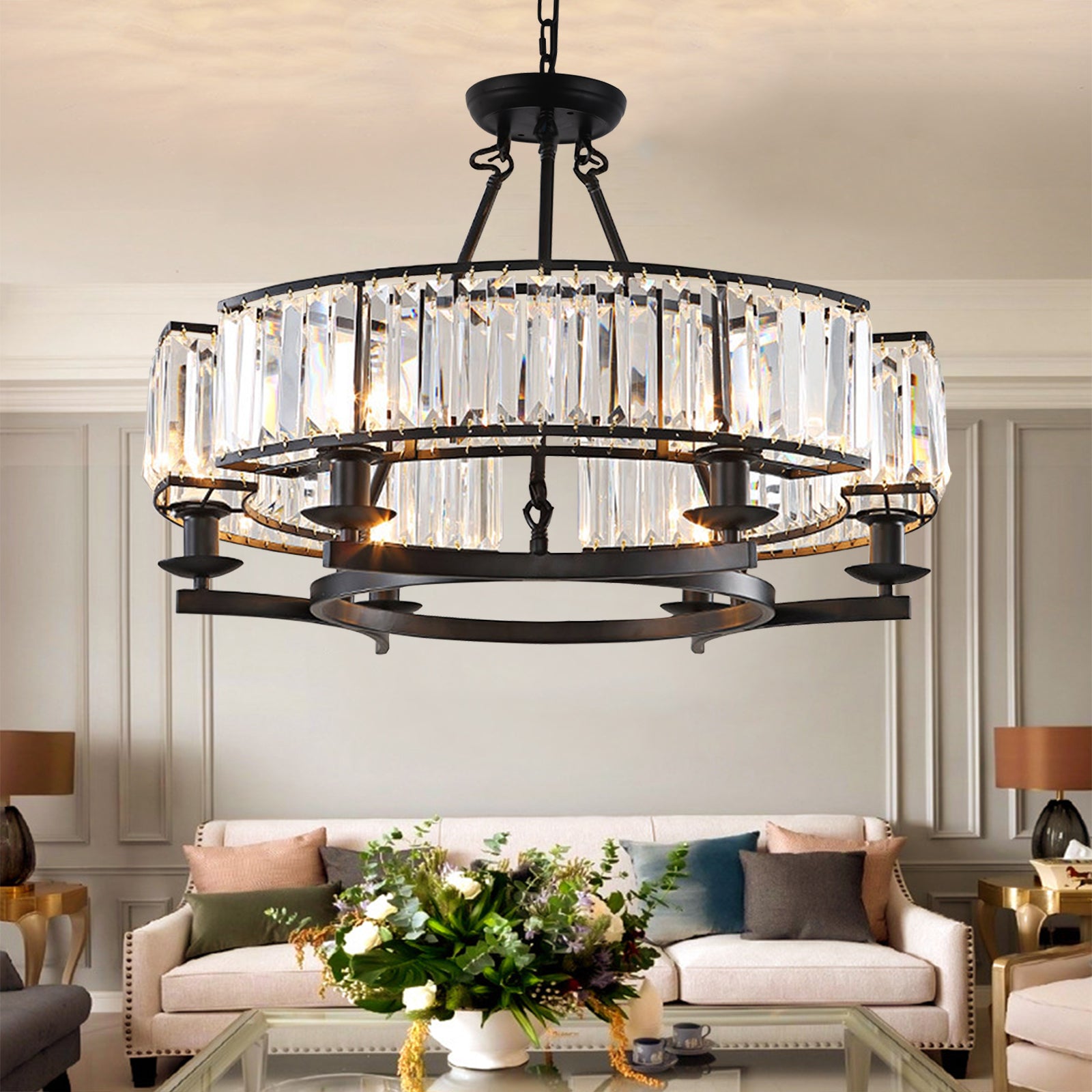 Black crystal chandelier in living room close-up