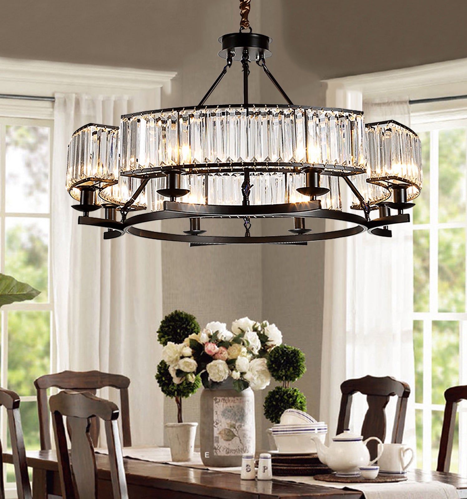 8-Light Black Crystal Chandelier in Dining Room