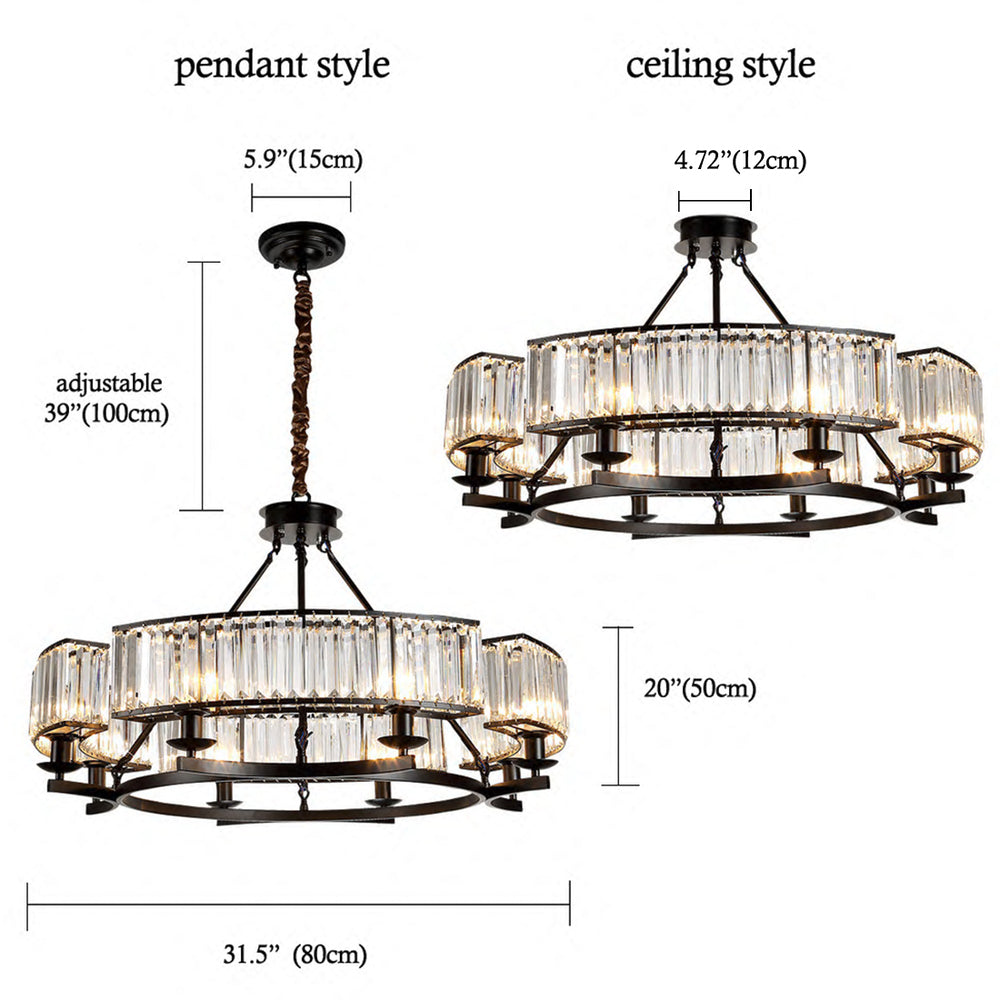 8-Light Adjustable Crystal Chandelier Size & Specs