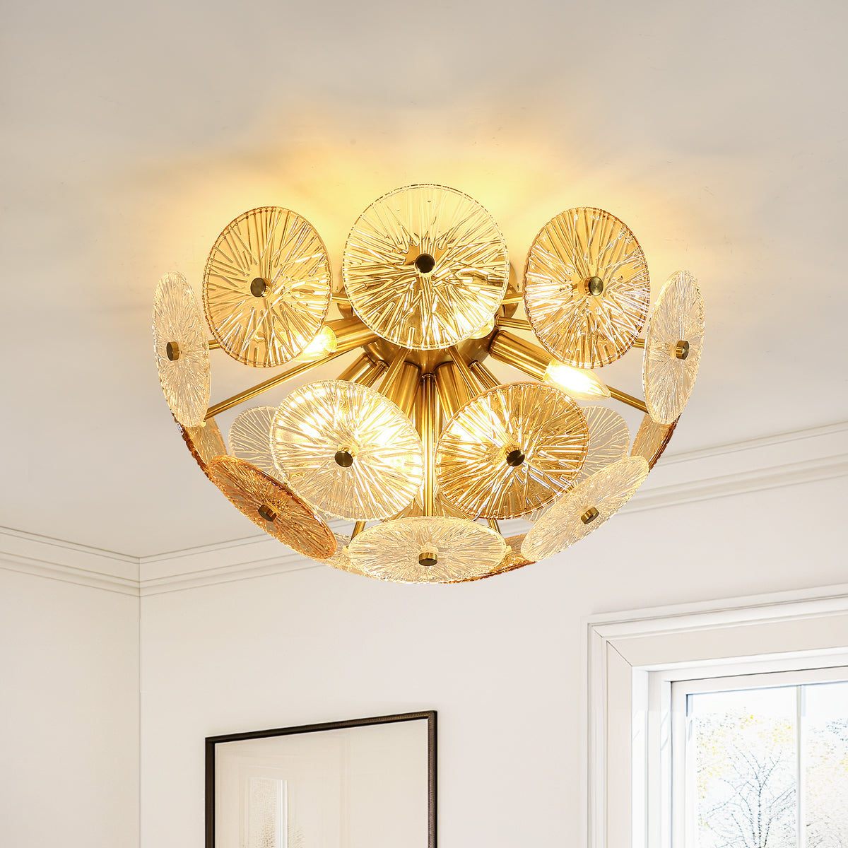 Gold Dandelion Textured Glass Flush Mount Ceiling Light