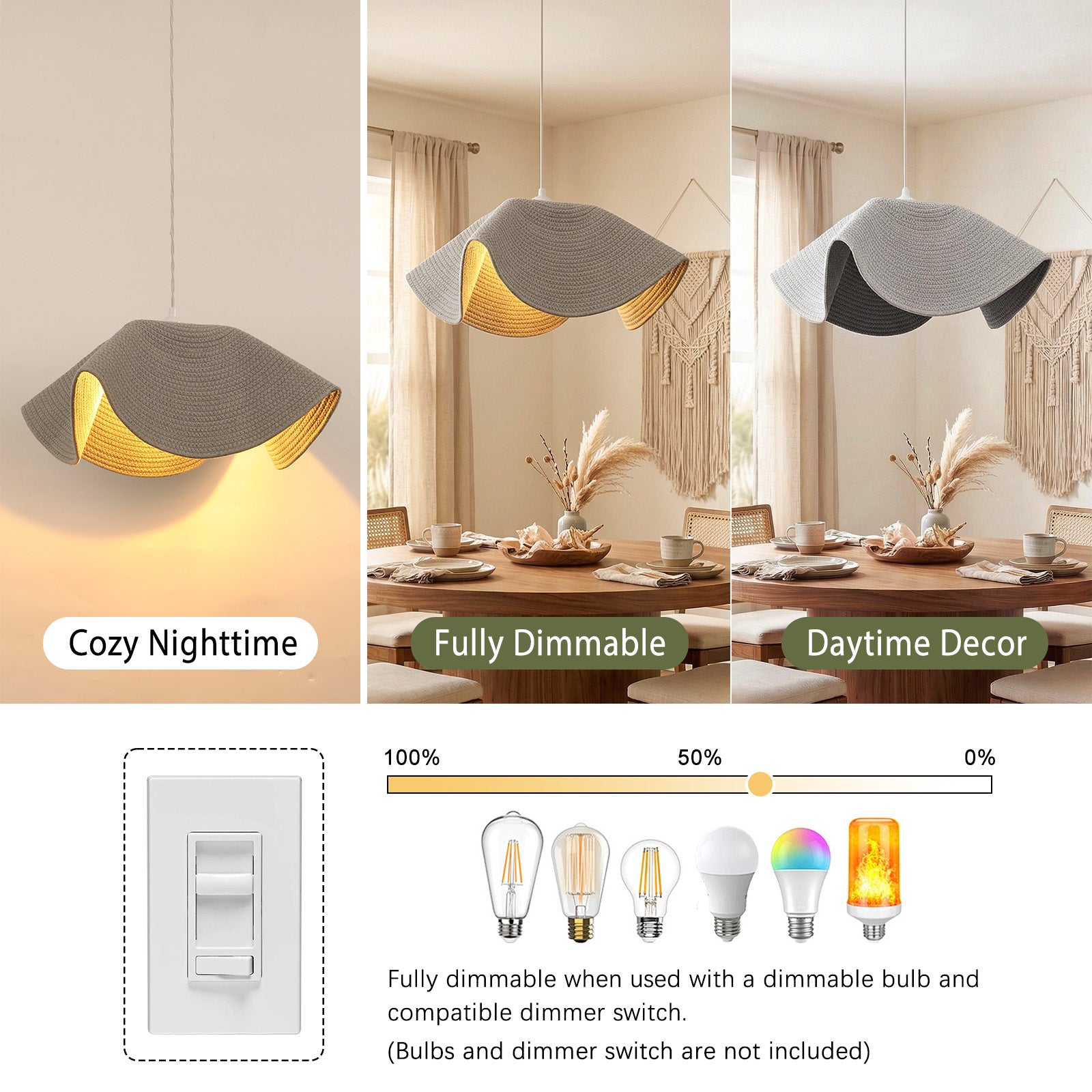 Dimmable woven pendant light for day & night use