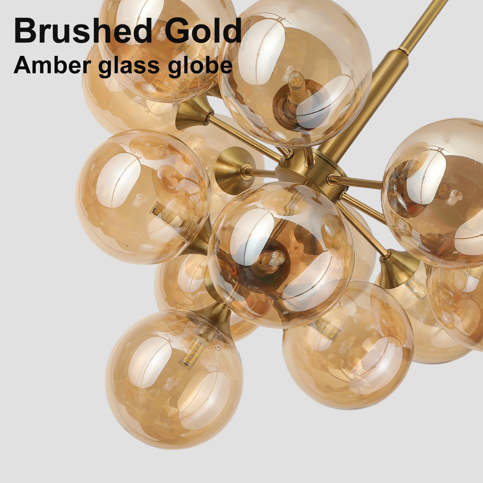 Brushed gold amber glass globe chandelier detail 