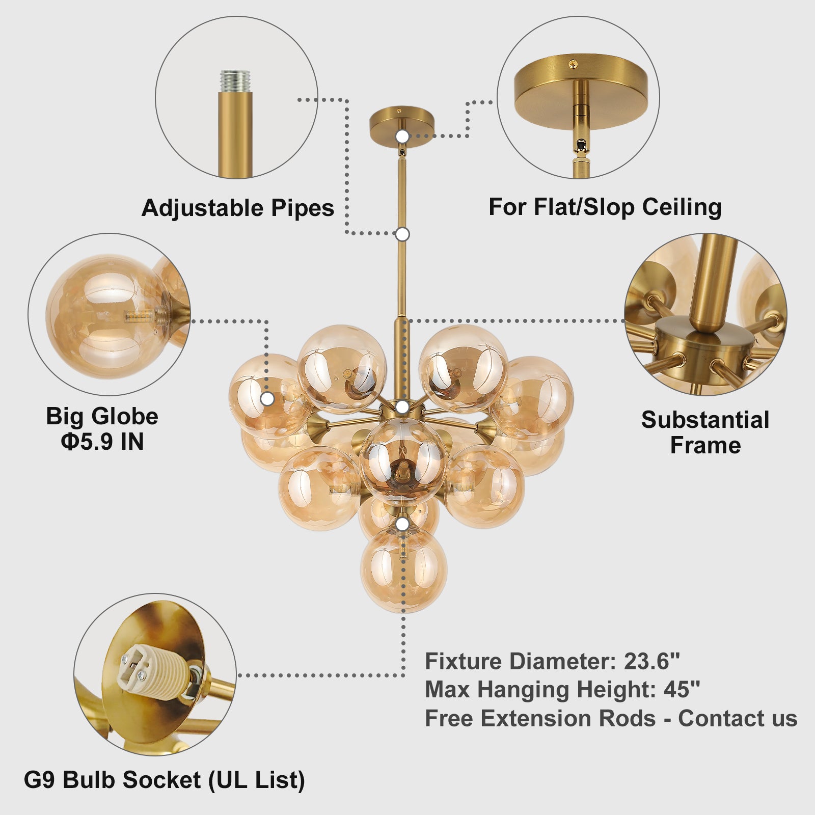 Gold chandelier structure & component details